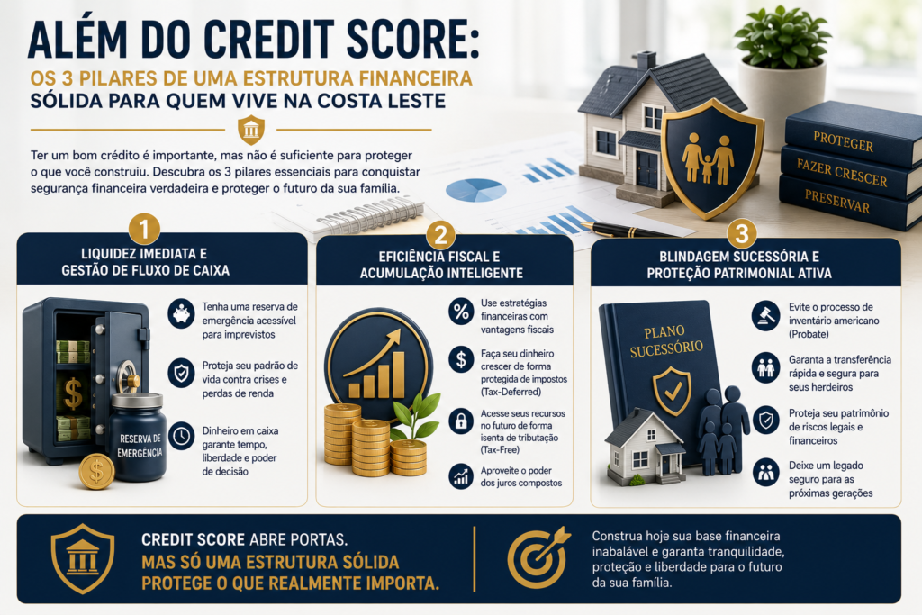 Infográfico mostrando os três pilares de uma estrutura financeira sólida: liquidez imediata, eficiência fiscal e proteção patrimonial para famílias que vivem nos Estados Unidos.