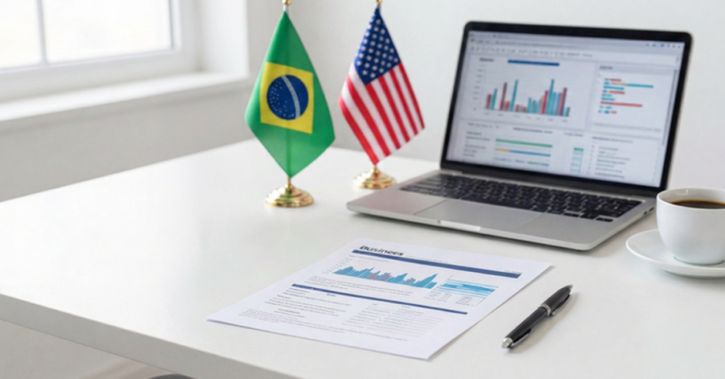 Professional corporate workspace with Brazilian and American flags, laptop displaying growth charts and business planning documents on desk, representing business structuring for Brazilian entrepreneurs in the USA