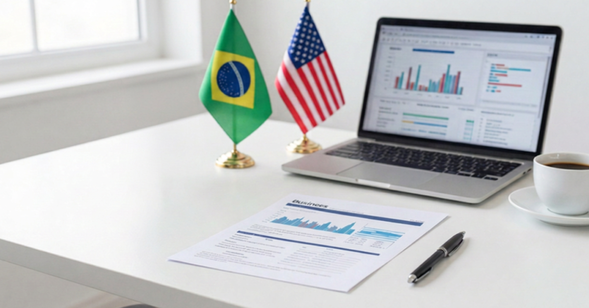 Professional corporate workspace with Brazilian and American flags, laptop displaying growth charts and business planning documents on desk, representing business structuring for Brazilian entrepreneurs in the USA