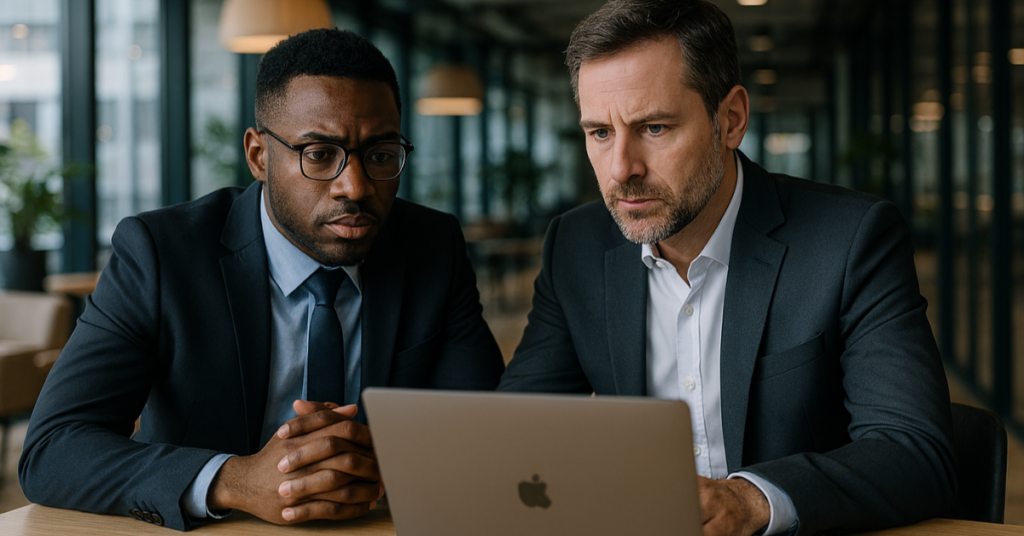 A professional and casual meeting in a modern coworking space between a businessman and a female mentor, talking in front of a closed gray laptop on a wooden desk.