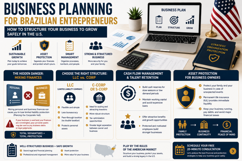 Infographic explaining business planning for Brazilian entrepreneurs in the United States, including LLC business structure, cash flow management, asset protection, and sustainable business growth.