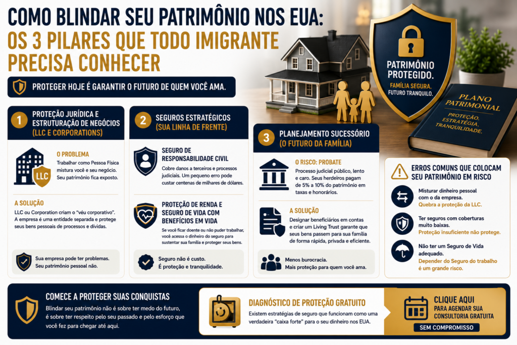Infográfico apresentando os três pilares da blindagem patrimonial nos Estados Unidos: estruturação jurídica com LLC ou Corporation, seguros estratégicos e planejamento sucessório para proteger o patrimônio e a família.