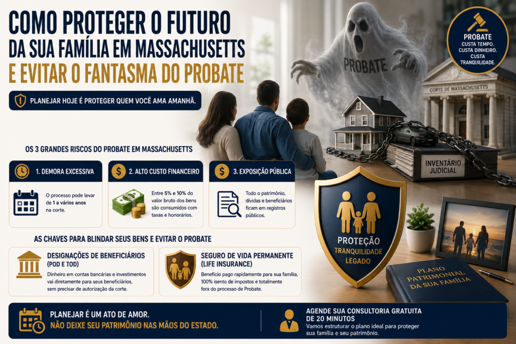 Infográfico explicando como proteger o patrimônio da família e evitar o processo de Probate em Massachusetts por meio de planejamento sucessório, designação de beneficiários e seguro de vida permanente.
