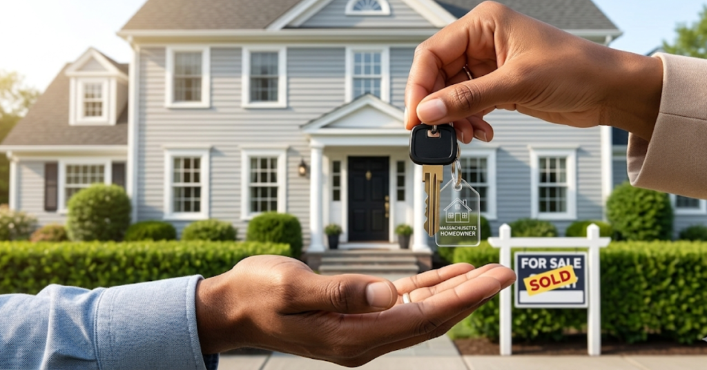 First-person close-up of a hand handing modern house keys with a Massachusetts Homeowner keychain to another hand, with a beautiful American colonial-style house and a sold sign in the background.