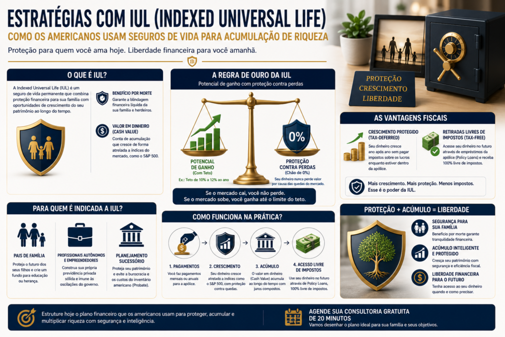 Infográfico explicando como a IUL (Indexed Universal Life) combina proteção financeira, acumulação de patrimônio, vantagens fiscais e planejamento sucessório para famílias nos Estados Unidos.
