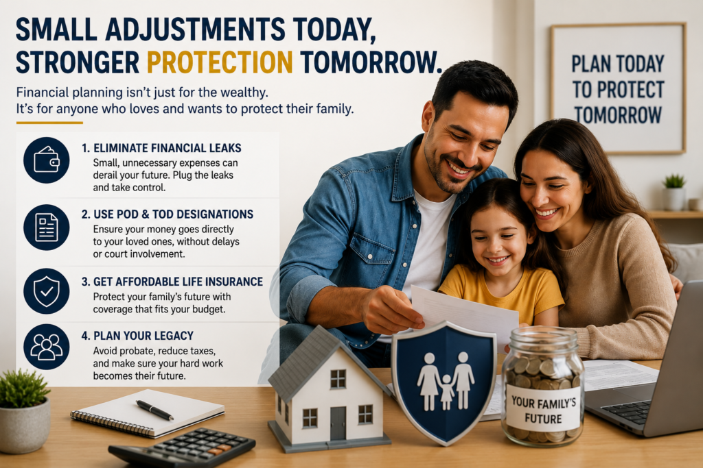 Family reviewing financial planning documents with life insurance, estate planning, and asset protection strategies to secure their family's future in the United States.