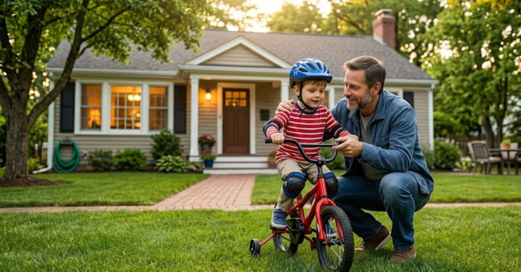 A heartwarming lifestyle photograph of a smiling father teaching his young son how to ride a red bicycle in the green grass front yard of a cozy suburban home, under soft evening light.