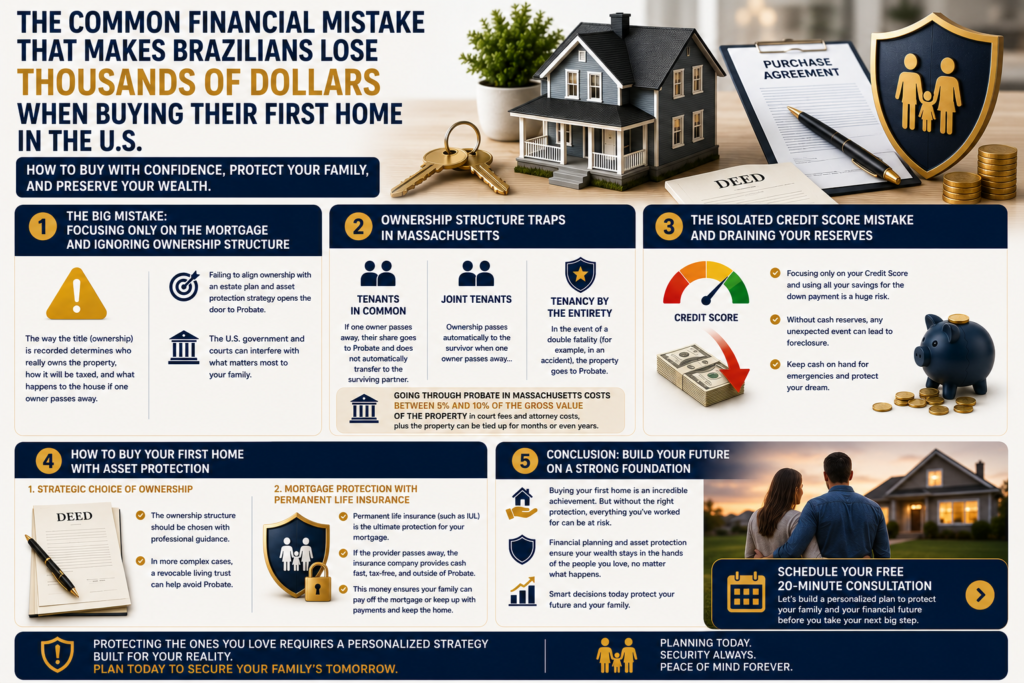 Infographic explaining the most common financial mistakes when buying a first home in the United States, including homeownership structure, mortgage protection, estate planning, and asset protection strategies.