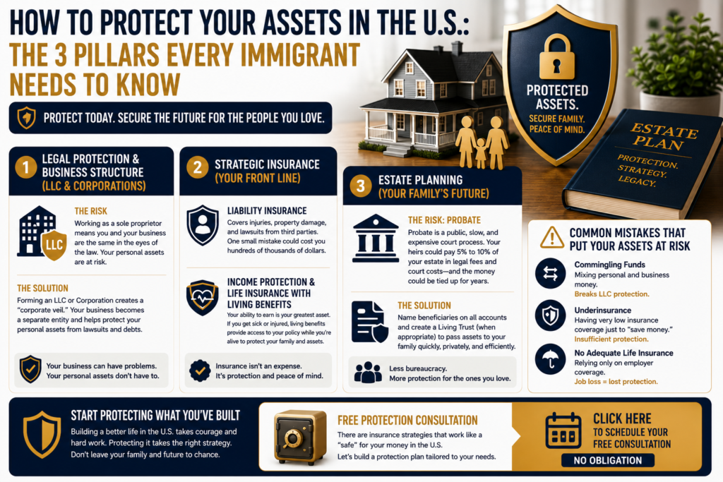 Infographic explaining the three essential pillars of asset protection in the United States: legal business structure (LLC or Corporation), strategic insurance, and estate planning to protect your assets, family, and financial future.
