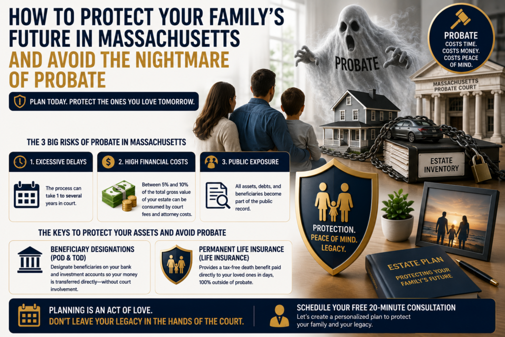 Infographic explaining how to protect your family's assets and avoid probate in Massachusetts through estate planning, beneficiary designations, and permanent life insurance strategies.