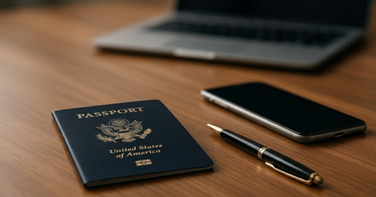Uma fotografia profissional em estilo corporativo de uma mesa de escritório de madeira escura com um passaporte americano em primeiro plano, uma caneta elegante e um smartphone fechado, com um laptop desfocado ao fundo.