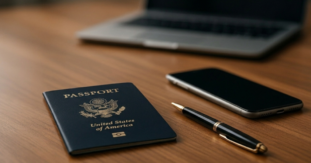 A professional corporate photograph of a dark wooden office desk with a US passport in the foreground, an elegant pen, a closed smartphone, and a blurred laptop in the background.