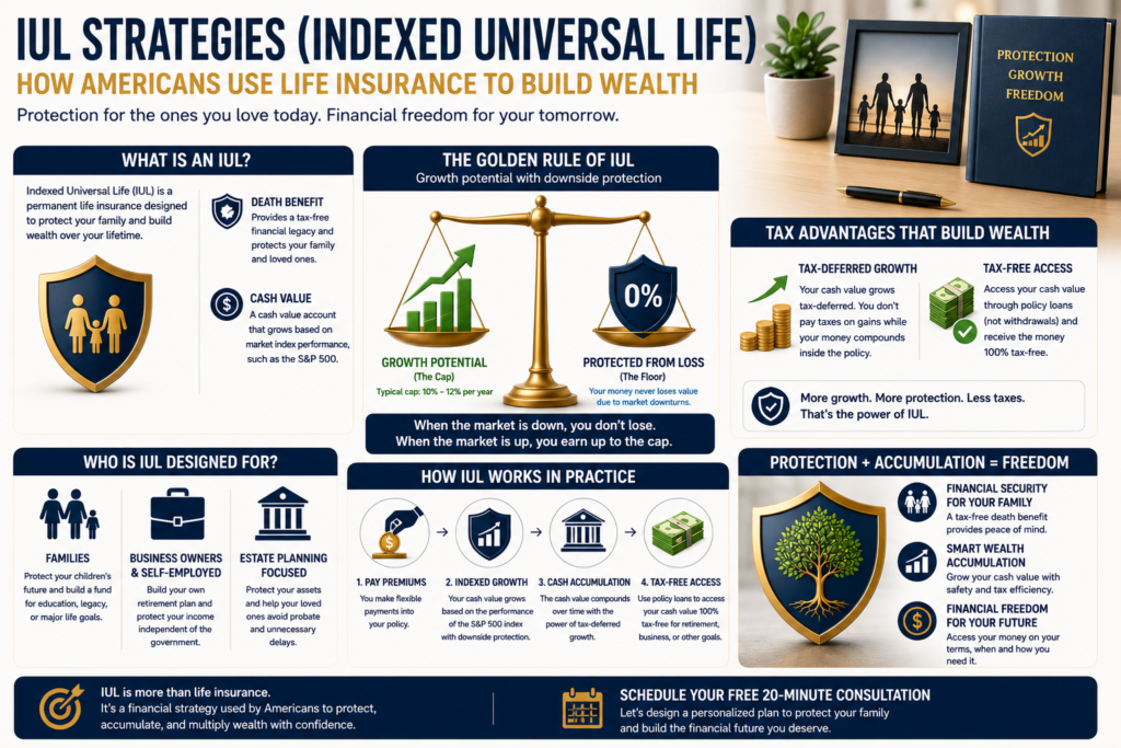 Infographic explaining how Indexed Universal Life (IUL) combines life insurance protection, tax-advantaged cash value growth, wealth accumulation, and estate planning strategies for families in the United States.