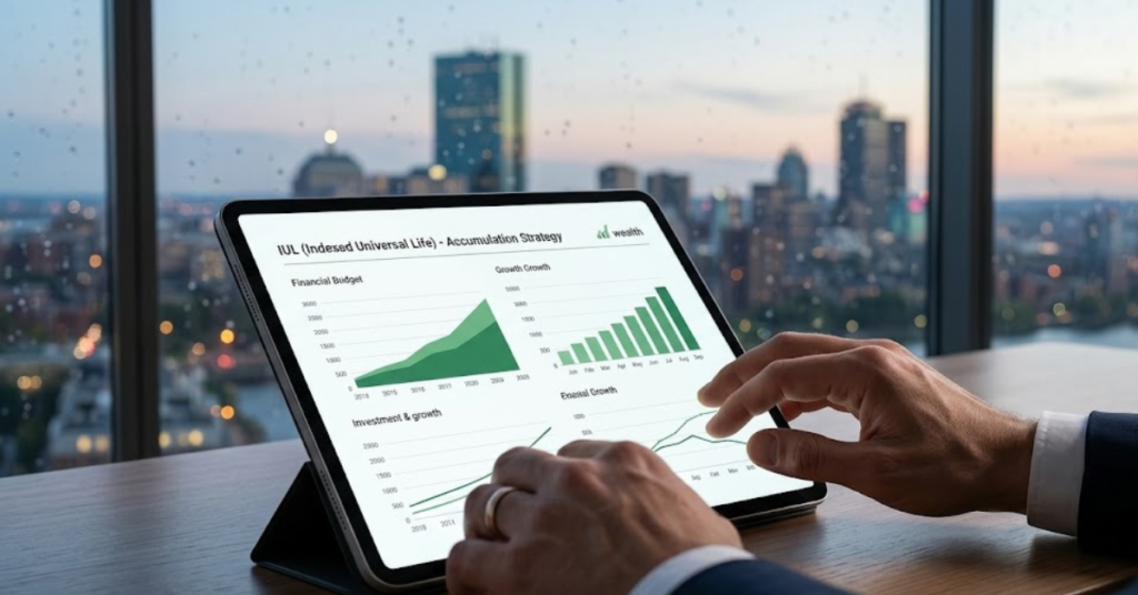 Close-up of an investor's hands analyzing growing financial charts and budget tables on a modern tablet at an office desk, with a panoramic window view of Boston at dusk.