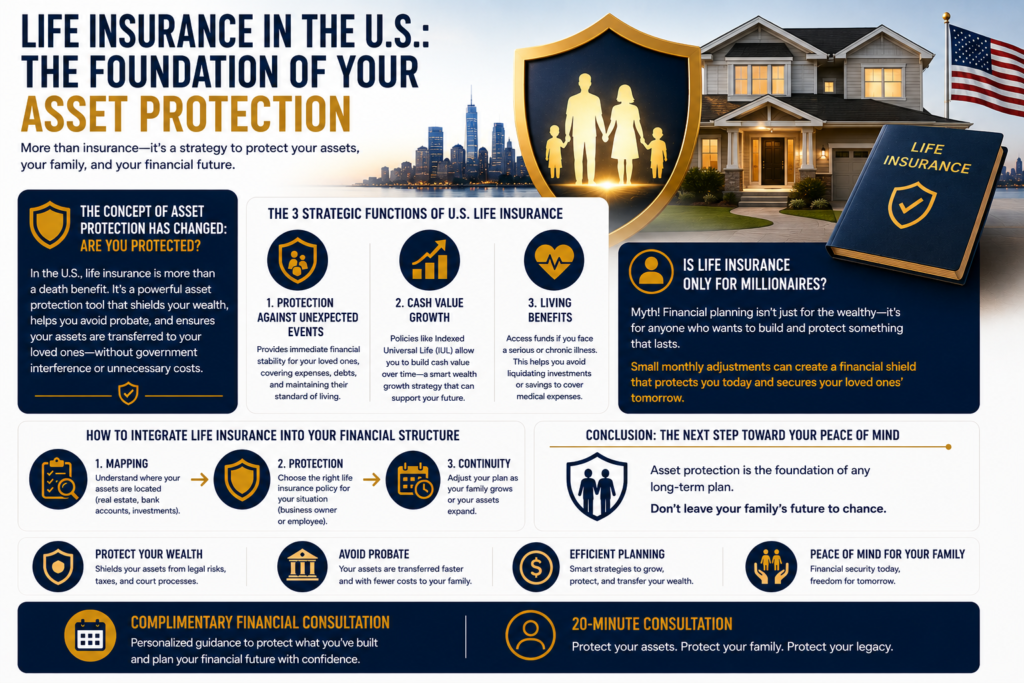 Infographic explaining why life insurance is the foundation of asset protection in the United States, covering risk management, cash value growth, living benefits, and estate planning strategies to protect your family and financial future.