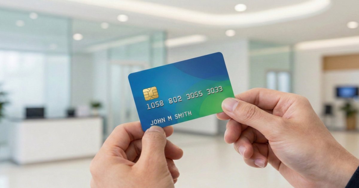 Hands holding a modern American debit card inside a bright and contemporary bank branch.