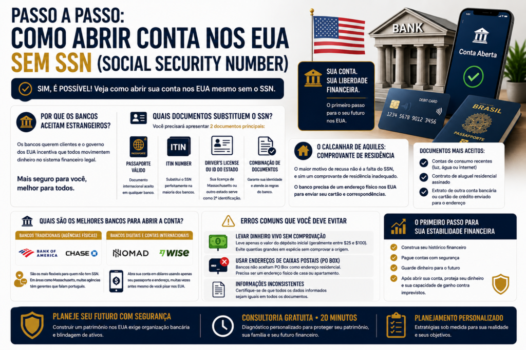 Infográfico explicando o passo a passo para abrir uma conta bancária nos Estados Unidos sem Social Security Number (SSN), incluindo documentos necessários, comprovante de residência, bancos recomendados e erros comuns a evitar.