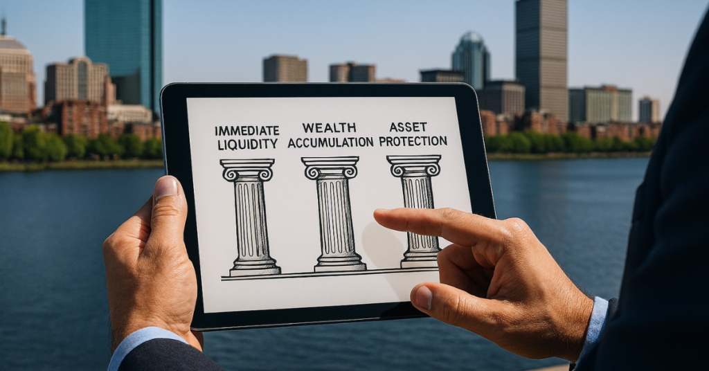 Close-up of a financial specialist's hands on a tablet displaying a drawing of three classical pillars labeled as Immediate Liquidity, Wealth Accumulation, and Asset Protection, with the Boston skyline in the background.