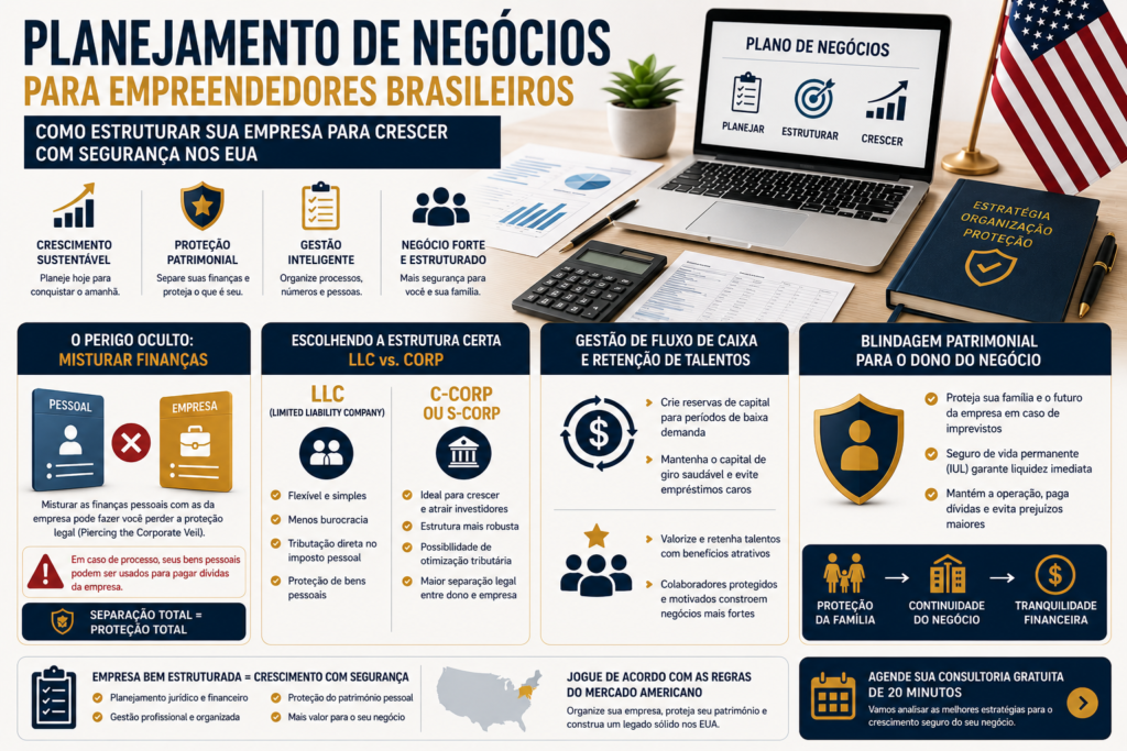 Infográfico sobre planejamento de negócios para empreendedores brasileiros nos Estados Unidos, abordando estrutura empresarial, LLC, fluxo de caixa, proteção patrimonial e crescimento seguro.