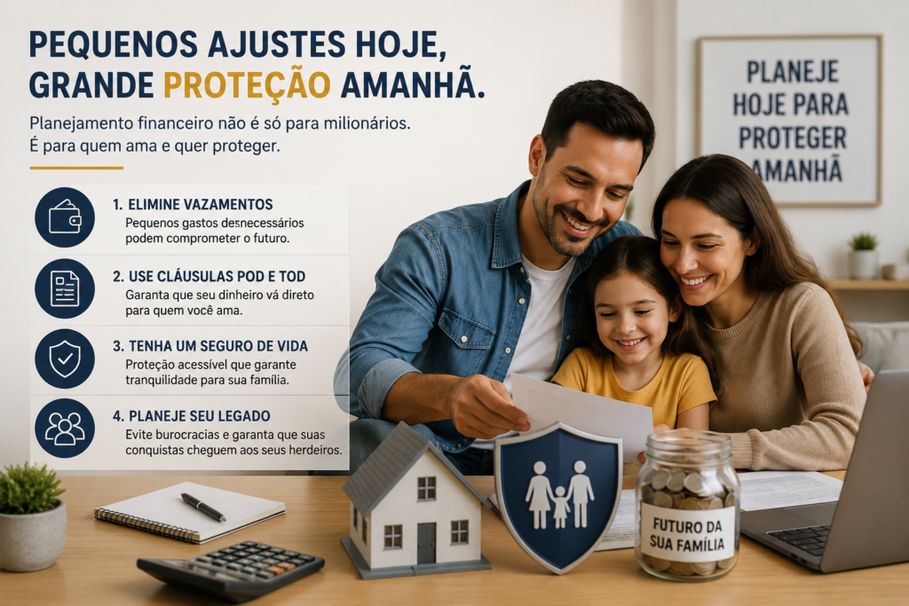 Família analisando documentos de planejamento financeiro com foco em seguro de vida, proteção patrimonial e organização financeira para garantir um futuro mais seguro.