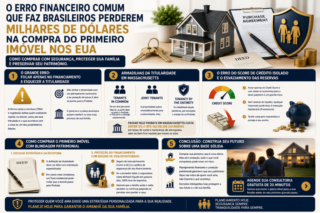 Infográfico mostrando os erros financeiros mais comuns na compra do primeiro imóvel nos Estados Unidos, incluindo titularidade do imóvel, proteção patrimonial, planejamento sucessório e proteção do financiamento imobiliário.