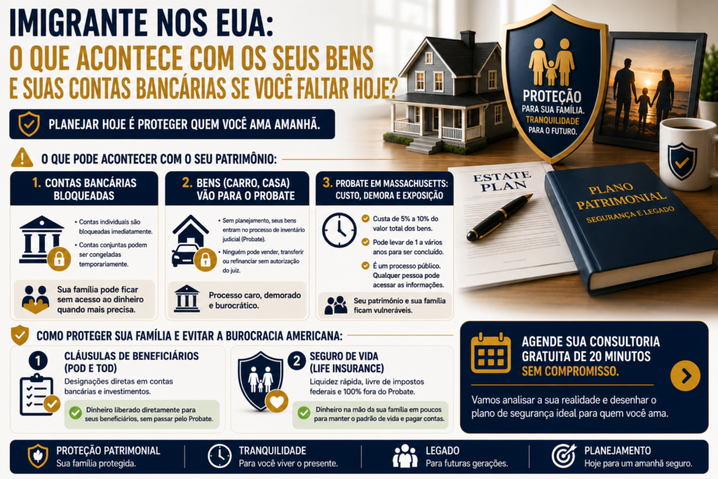 Infográfico mostrando o que pode acontecer com bens, imóveis e contas bancárias de imigrantes nos Estados Unidos em caso de falecimento, incluindo Probate, planejamento sucessório, designação de beneficiários e seguro de vida para proteção da família.
