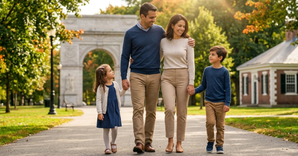 A lifestyle photograph of a smiling Latino family—father, mother, and two young children—walking hand-in-hand in a sunny Massachusetts park with trees and typical New England colonial architecture in the background.