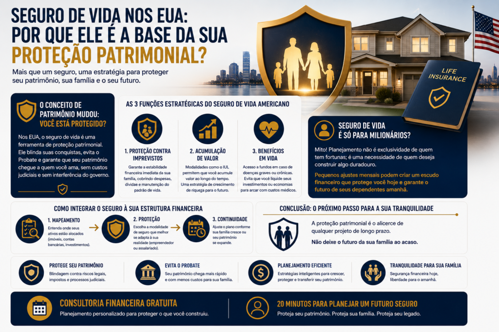 Infográfico explicando por que o seguro de vida nos Estados Unidos é a base da proteção patrimonial, abordando gestão de riscos, acumulação de patrimônio, benefícios em vida e planejamento sucessório para proteger a família.