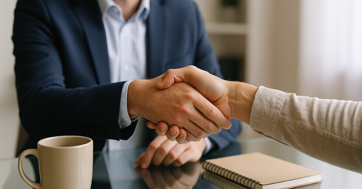 A warm, professional handshake between a financial advisor and a female client over an office desk, with an open laptop and a sophisticated view of the Boston skyline through the window.