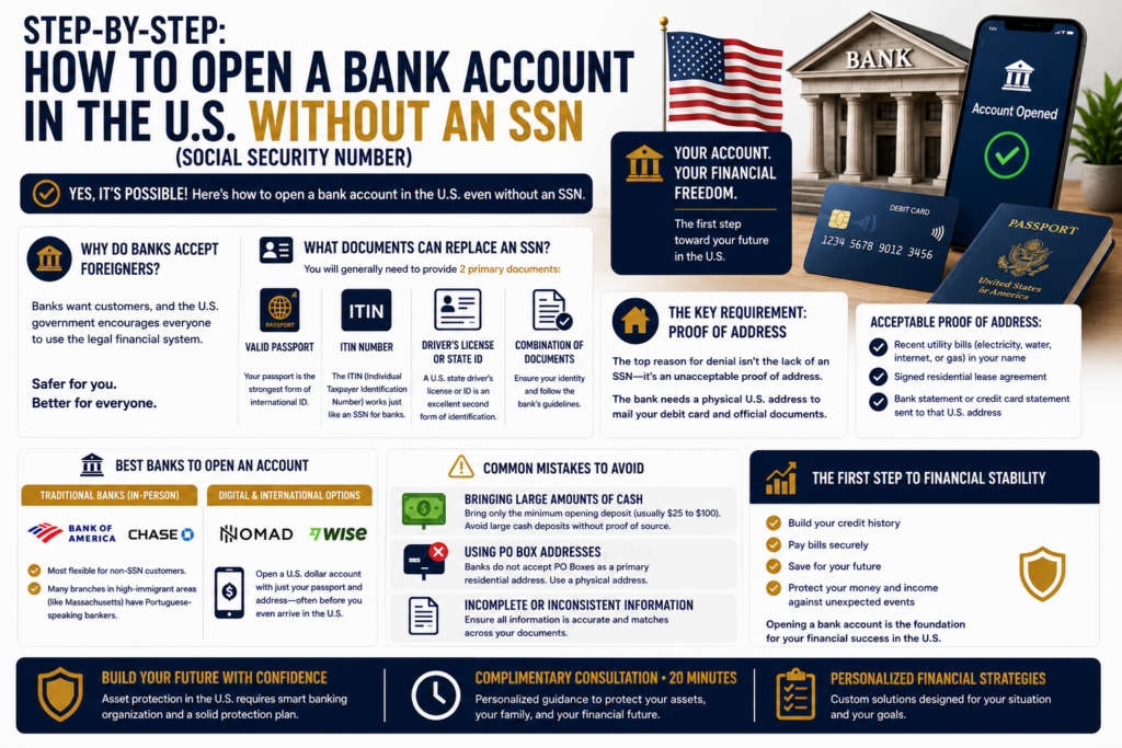 Infographic explaining how to open a U.S. bank account without a Social Security Number (SSN), including required documents, proof of address, recommended banks, and common mistakes to avoid.