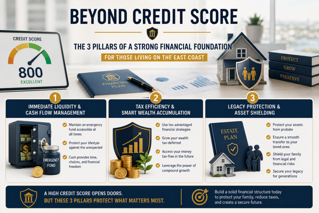 Infographic illustrating the three pillars of a strong financial foundation: emergency liquidity, tax-efficient wealth accumulation, and asset protection for families living in the United States.