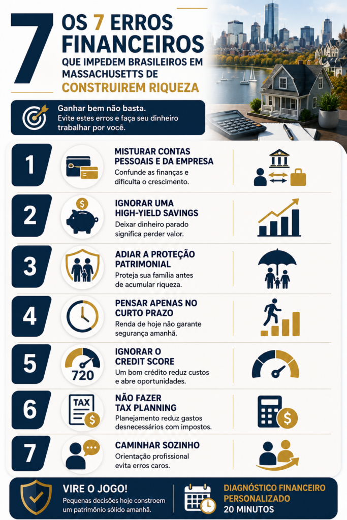 Infográfico mostrando os sete principais erros financeiros que impedem brasileiros em Massachusetts de construir patrimônio, incluindo crédito, planejamento tributário, proteção patrimonial, investimentos e organização financeira.