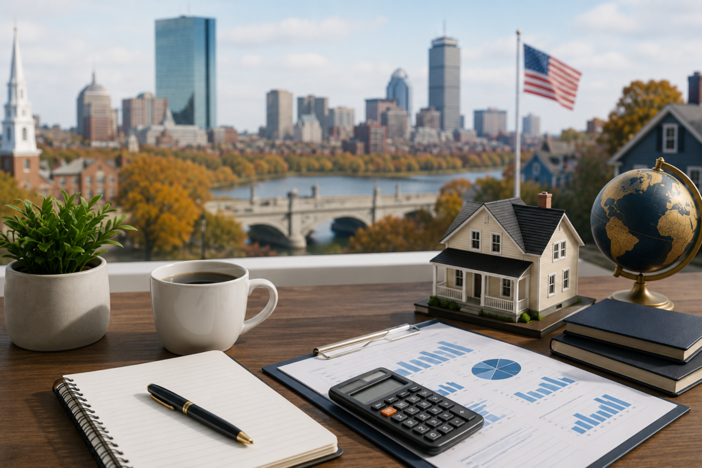 Financial planning workspace with reports, calculator, and a model home, representing wealth-building strategies and financial planning for Brazilian families living in Massachusetts.