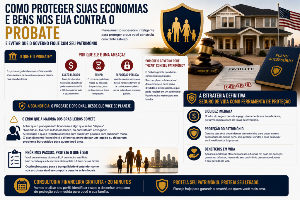 Infográfico explicando como proteger economias e bens nos Estados Unidos contra o Probate, utilizando planejamento sucessório, seguro de vida e estratégias de proteção patrimonial para preservar o patrimônio da família.