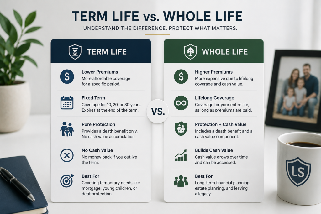Infographic comparing Term Life and Whole Life insurance, highlighting premiums, coverage period, cash value, benefits, and the ideal use case for each policy.
