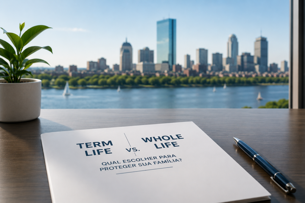 Documento comparando seguro de vida Term e Whole Life sobre uma mesa de escritório com vista para a cidade, ilustrando as principais diferenças entre as modalidades de seguro de vida nos Estados Unidos.