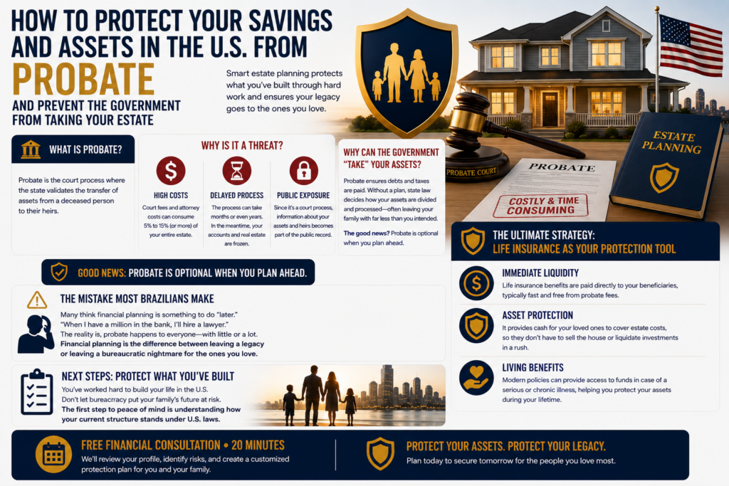 Infographic explaining how to protect your savings and assets from probate in the United States using estate planning, life insurance, and asset protection strategies to preserve your family's financial future.
