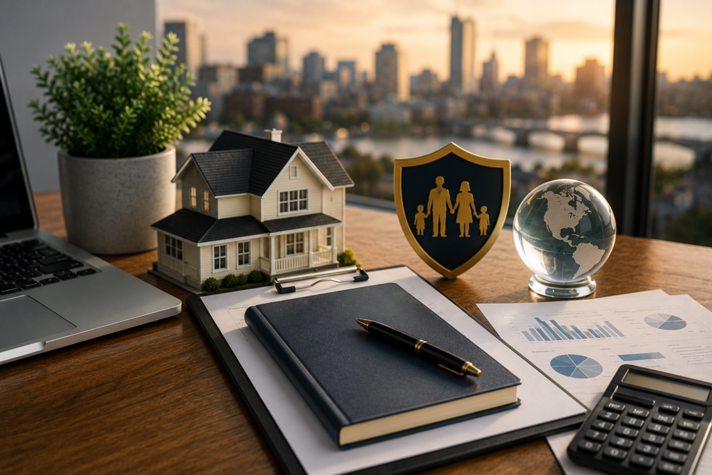 Professional financial advisor reviewing financial plans in a modern U.S. office, representing financial planning and asset protection for Brazilian immigrants in the United States.