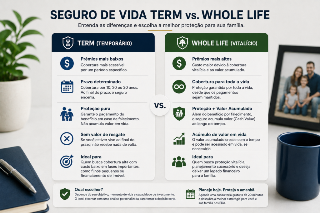 Infográfico comparando Seguro de Vida Term e Whole Life, destacando custos, prazo de cobertura, valor acumulado, benefícios e perfil ideal para cada modalidade.