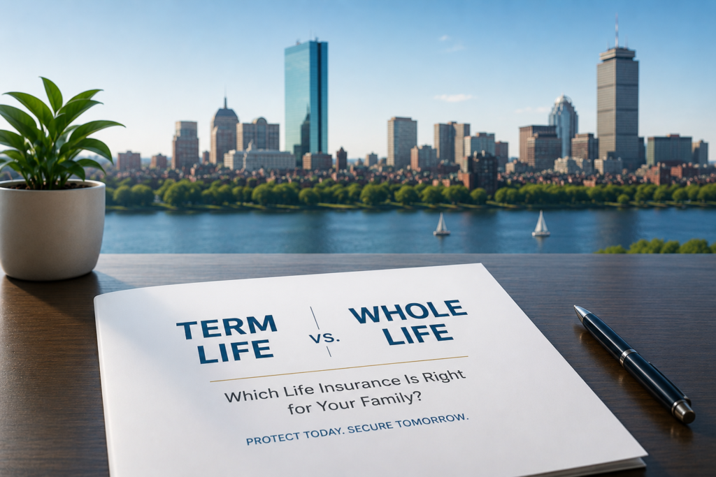 Professional office desk with a comparison document between Term Life and Whole Life insurance overlooking a U.S. city skyline, illustrating life insurance options for families.