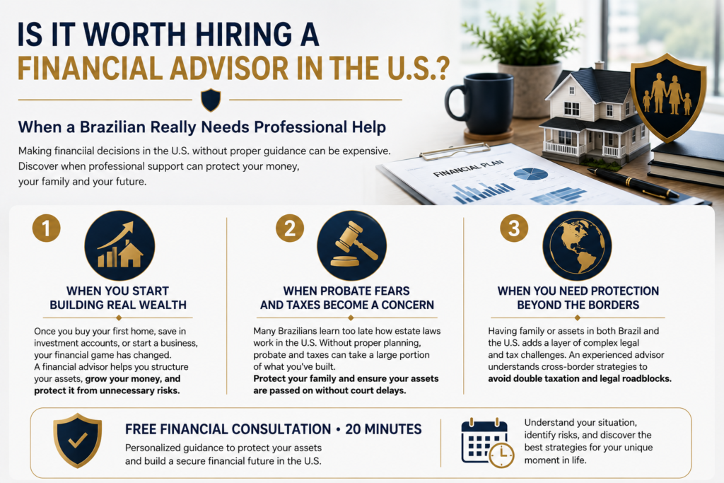 Infographic explaining when to hire a financial advisor in the United States, highlighting asset protection, estate planning, taxes, wealth management, and financial strategies for Brazilian immigrants.